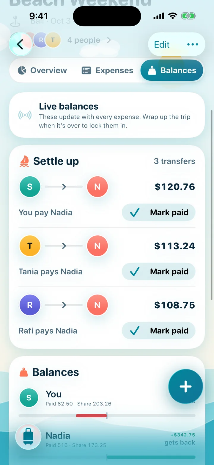 Balances tab with live balances and settle-up transfers