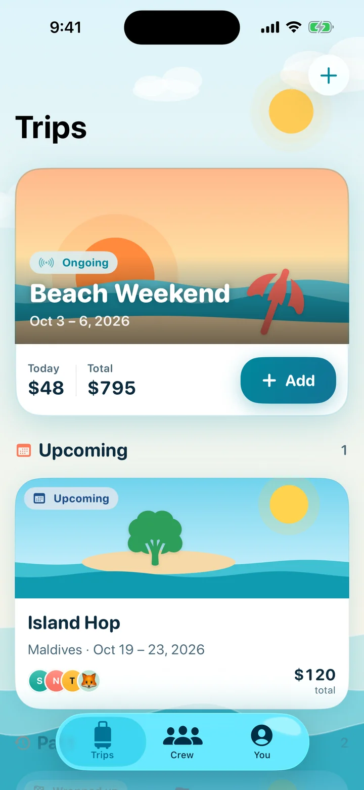 TripCent trips screen showing an ongoing Beach Weekend trip and an upcoming Island Hop trip