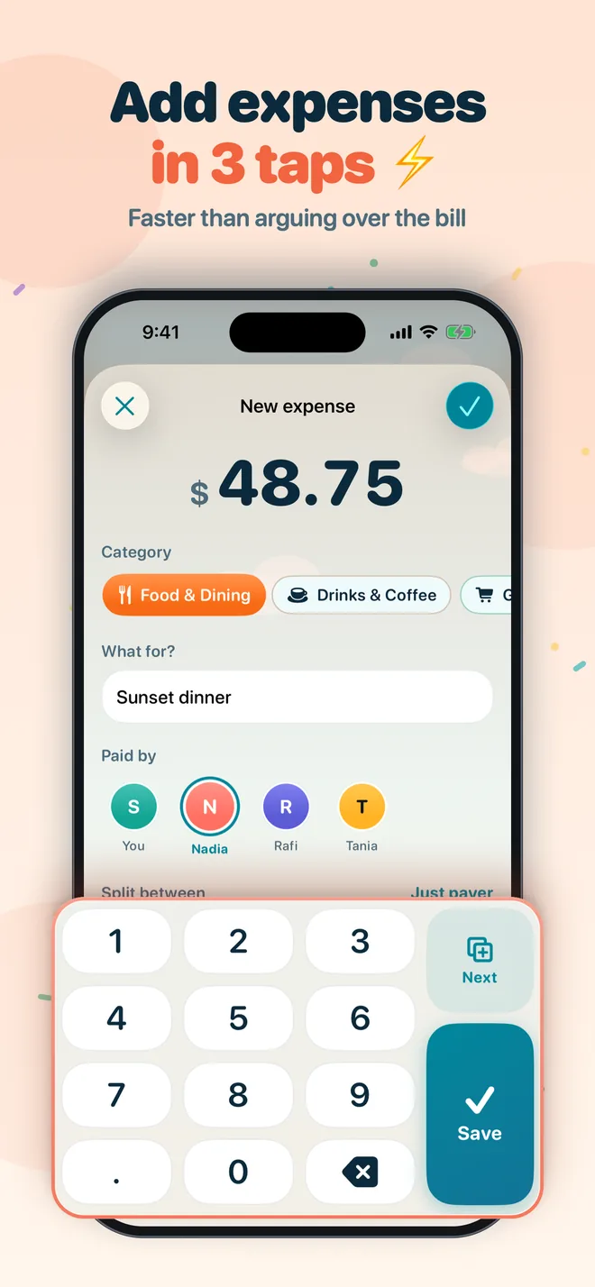 Add expenses in 3 taps: the keypad